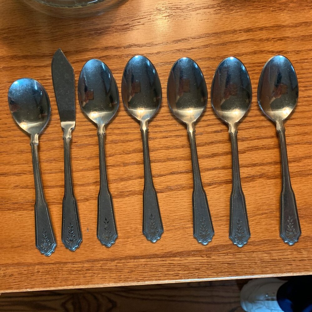 ROGERS BRENTWOOD FLATWARE, SUGAR SPOON & MASTER BUTTER KNIFE + 5 TEASPOONS